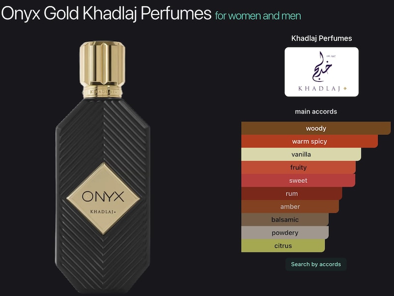 Peut inclure: Un flacon de parfum Onyx Gold Khadlaj noir avec un bouchon dor&eacute; et une &eacute;tiquette dor&eacute;e. L'&eacute;tiquette indique "ONYX" et "KHADLAJ". L'image comprend &eacute;galement une liste des principaux accords, tels que bois&eacute;, &eacute;pic&eacute; chaud et vanille.