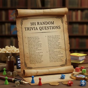Op de afbeelding: Een perkamenten rol met de titel "101 Willekeurige Trivia Vragen" ligt op een houten tafel. Dobbelstenen, pionnen, een vergrootglas en een pen liggen eromheen. Een kom popcorn en een kleine glazen fles zijn ook zichtbaar.