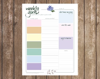 Personal Planner, Printable, Weekly Goals Page, Beautiful Floral Illustrations, DIY