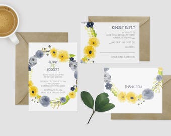 wedding invitations blue and yellow etsy