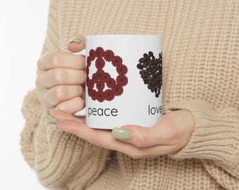 Coffee Mug  Peace Love Cake Coffee Beans Fun Mug for Cake Lover Illustrated Mug Gift Idea for Coffee Lover