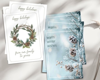 Set of 12 Holiday Cards Happy Holidays Christmas Cards Hannukah Winter Themed Pinecones Evergreen Forest and Wreath Theme Nondenominational