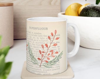 Book Lover Gift Ceramic Mug Vintage Dictionary Print Watercolor Flower Gift Idea for Bookworm Book Page Print Coffee Mug Gift for Reader Mug