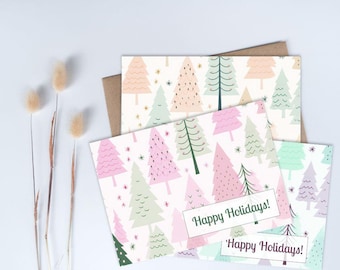 Retro Holiday Cards Pastel Theme Trees Whimsical Happy Holidays 50s Vibe Vintage Style Fun Colorful Pastel Colors Winter Trees Set of 12