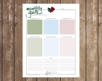 Personal Planner, Printable, Monthly Goals Page, Beautiful Floral Illustrations, DIY