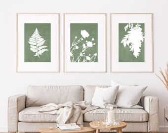 6 Floral Wall Art Prints Digital Download Nature Inspired Art for Living Room or Bedroom Green & White Flower Silhouette Minimalist Theme