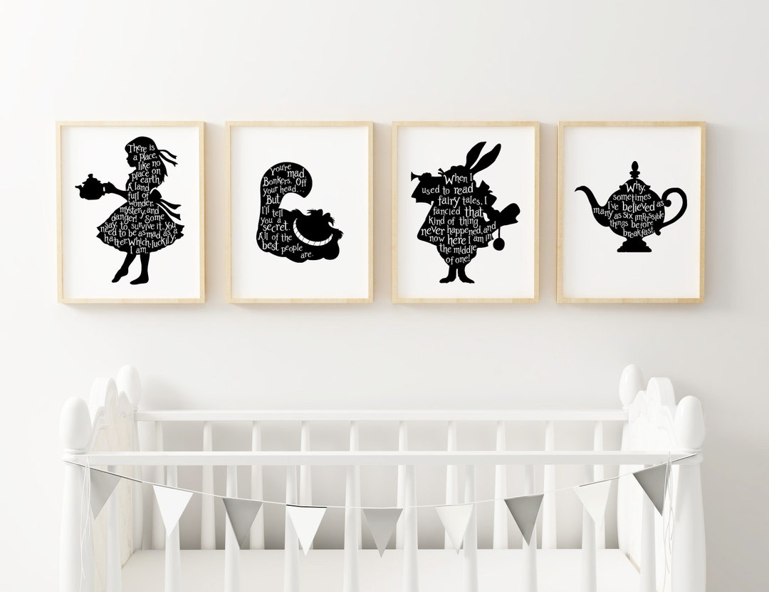 Digital Art, 4 Printables, Black &amp; White, Whimsical Wonderland, Lewis ...