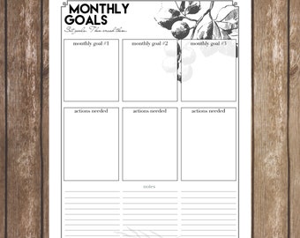 Personal Planner, Printable, Monthly Goals Page, Beautiful Vintage Illustrations, DIY, Black and White