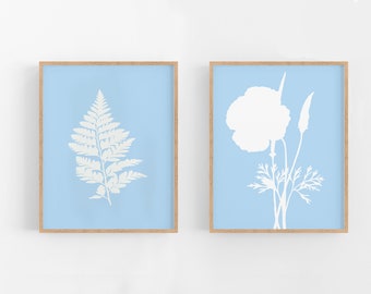 Original Artwork, Printable, Fern and Poppy Set, Nature, Botanical, Blue and White, Two Images