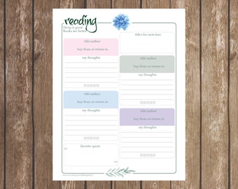 Personal Planner, Printable, Reading Log Page, Beautiful Floral Illustrations, DIY