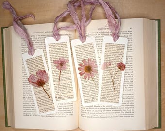 Book Page Bookmarks Floral Design Recycled Sari Silk Ribbons Set of 4 Bookmarks Pink Flowers Yellow Flowers Unique Gift Idea for Book Lovers
