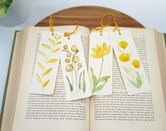 Hand Painted Watercolor Bookmarks Floral Design Set of 4 Original Bookmarks Yellow and Gold Flowers and Leaves Unique Gift for Book Lovers
