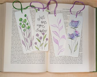 Handpainted Watercolor Floral Bookmarks Set of 4 Original Design Blue Green Purple Flowers Leaves Unique Gift for Book Lovers Bookish Gifts