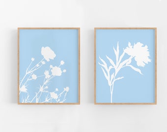 Original Artwork, Printable, Poppies and Carnation Set, Nature, Botanical, Blue and White, Two Images