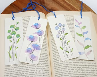 Hand Painted Watercolor Bookmarks Floral Design Set of 4 Original Bookmarks Blue Green Purple Flowers Leaves Unique Gift for Book Lovers