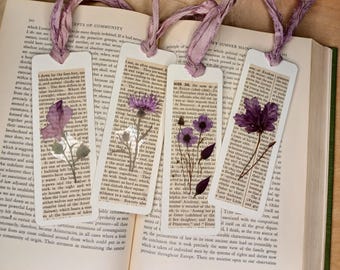 Floral Bookmarks with Book Pages Recycled Sari Silk Ribbons Set of 4 Bookmarks Purple Flowers Blue Flowers Unique Gift Idea for Book Lovers