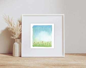 Original Watercolor, Poppies on a Hill, small landscape