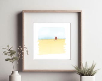 Original Watercolor Landscape Tiny Painting Minimalist Art Nature Themed Hand Painted Miniature Art Open Field Blue Sky Simple Aesthetic