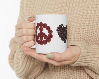 Coffee Mug  Peace Love Cake Coffee Beans Fun Mug for Cake Lover Illustrated Mug Gift Idea for Coffee Lover