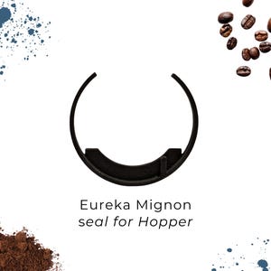 May include: A black Eureka Mignon seal for a coffee hopper. The image includes coffee beans, ground coffee, and blue paint splatters on a white background. The BrontoForge logo is also visible.