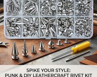 May include: A clear plastic organizer filled with various silver metal rivets, studs, and screws. Several rivet styles are displayed, including cone and pyramid shapes. A yellow-handled screwdriver and other tools are also present. Text reads: "SPIKE YOUR STYLE: PUNK & DIY LEATHERCRAFT RIVET KIT."