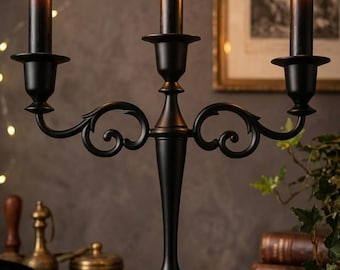 Black Metal 3-Arm Candelabra, Gothic Taper Candle Holder, Halloween Wedding Decor.