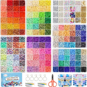 May include: A collection of colorful clay beads for jewelry making, organized in divided containers. The image includes various colors, such as red, orange, yellow, green, blue, purple, and pink. Also included are jewelry-making supplies like earrings, scissors, and bracelets.