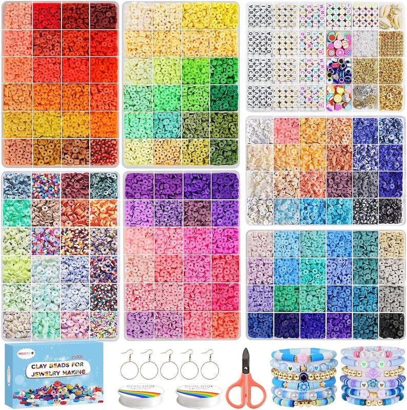 May include: A collection of colorful clay beads for jewelry making, organized in divided containers. The image includes various colors, such as red, orange, yellow, green, blue, purple, and pink. Also included are jewelry-making supplies like earrings, scissors, and bracelets.
