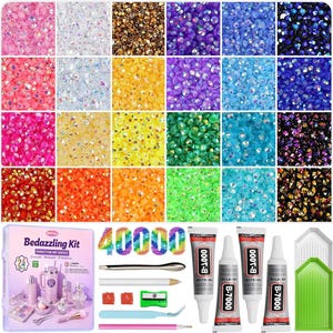 May include: A bedazzling kit with 40,000 rhinestones in various colors, including pink, white, gold, purple, and blue. The kit includes glue, tools, and a container with the text "Bedazzling Kit PERFECT FOR ANY SURFACE".