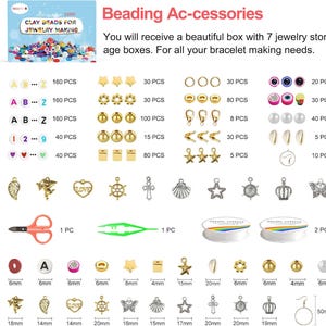 May include: A jewelry-making kit with various beads, charms, and tools. The kit includes letter beads, star-shaped beads, round beads, and gold-colored charms. Also included are scissors, tweezers, and string for creating bracelets and necklaces.