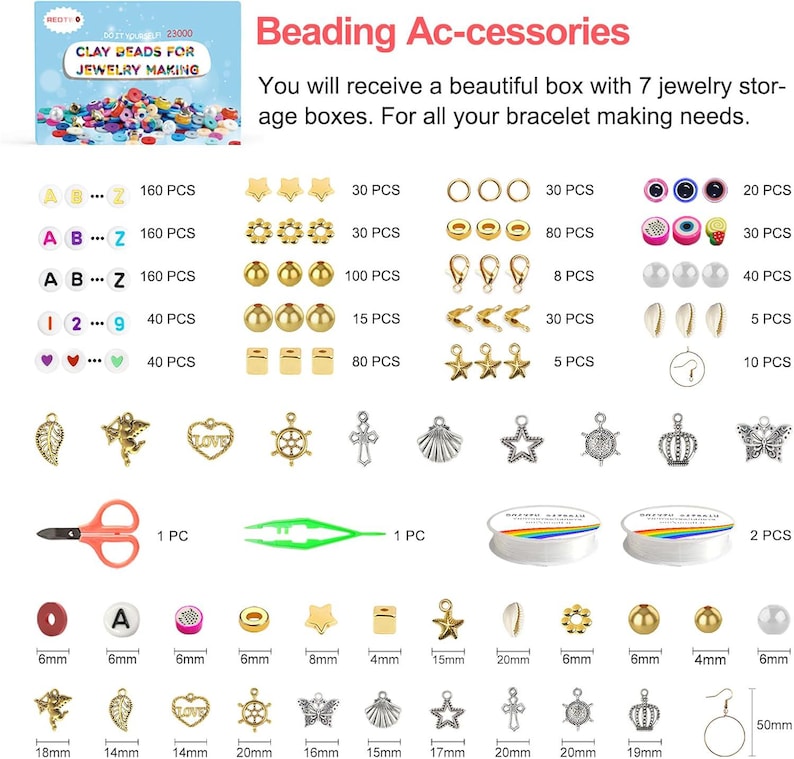 May include: A jewelry-making kit with various beads, charms, and tools. The kit includes letter beads, star-shaped beads, round beads, and gold-colored charms. Also included are scissors, tweezers, and string for creating bracelets and necklaces.