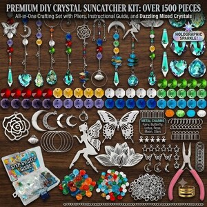 May include: A premium DIY crystal suncatcher kit containing over 1500 pieces, including metal charms like fairies, butterflies, roses, and moons, various colorful faceted crystals, jump rings, and pliers for assembly, with an instructional guide.