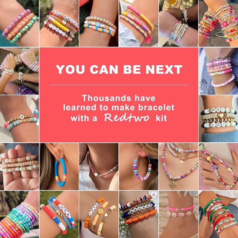 May include: A collage of colorful bracelets, necklaces, and earrings. Some bracelets feature letter beads spelling out words. The image includes the text "YOU CAN BE NEXT" and "Thousands have learned to make bracelet with a Redtwo kit."