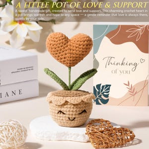 May include: A tan crochet heart attached to a green stem with two leaves, planted in a tan crochet pot with a scalloped rim and a stitched smiling face. The pot sits near a greeting card with the text Thinking of you and a woven heart ornament.