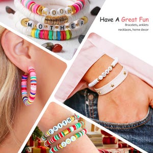 May include: A collage of colorful bracelets, earrings, and anklets. Some bracelets feature letter beads spelling out words like "MOON", "MOTHER", "LOVE", "FAITH", and "JOY". The jewelry is made of various materials and colors, including white, gold, red, green, and pink.