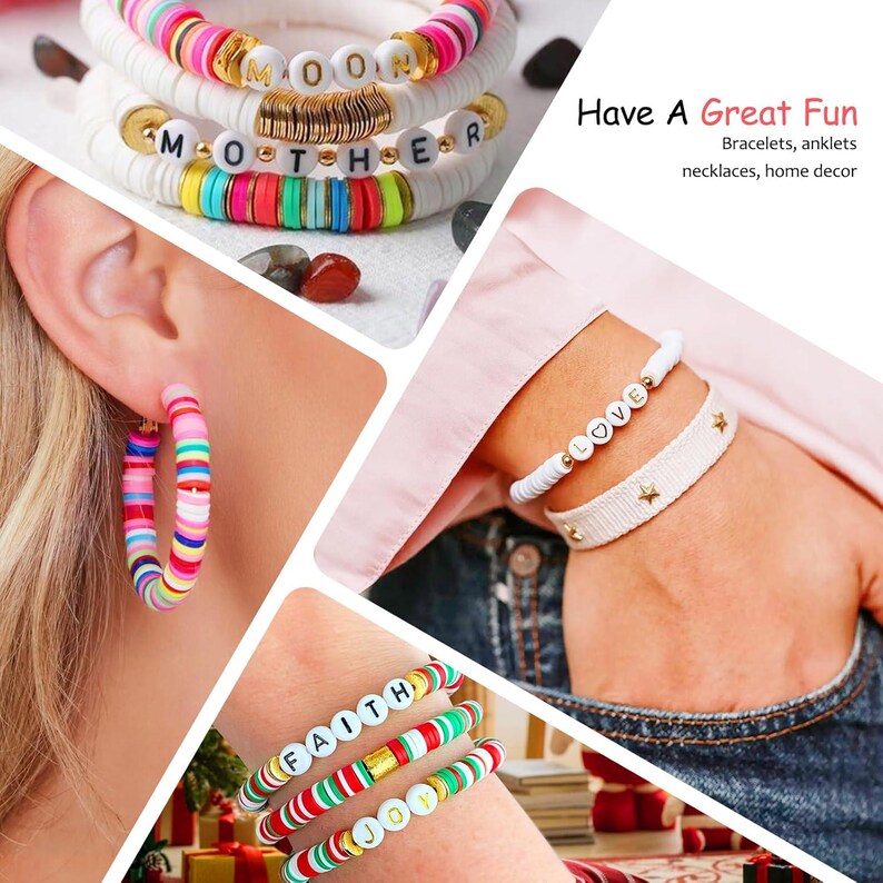 May include: A collage of colorful bracelets, earrings, and anklets. Some bracelets feature letter beads spelling out words like "MOON", "MOTHER", "LOVE", "FAITH", and "JOY". The jewelry is made of various materials and colors, including white, gold, red, green, and pink.