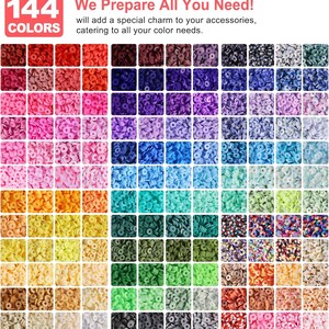 May include: A grid of 144 color options of small, flat, round beads. The colors range from red to black, with shades of pink, purple, blue, green, yellow, and brown. Text at the top reads "144 COLORS We Prepare All You Need!" and "will add a special charm to your accessories, catering to all your color needs."