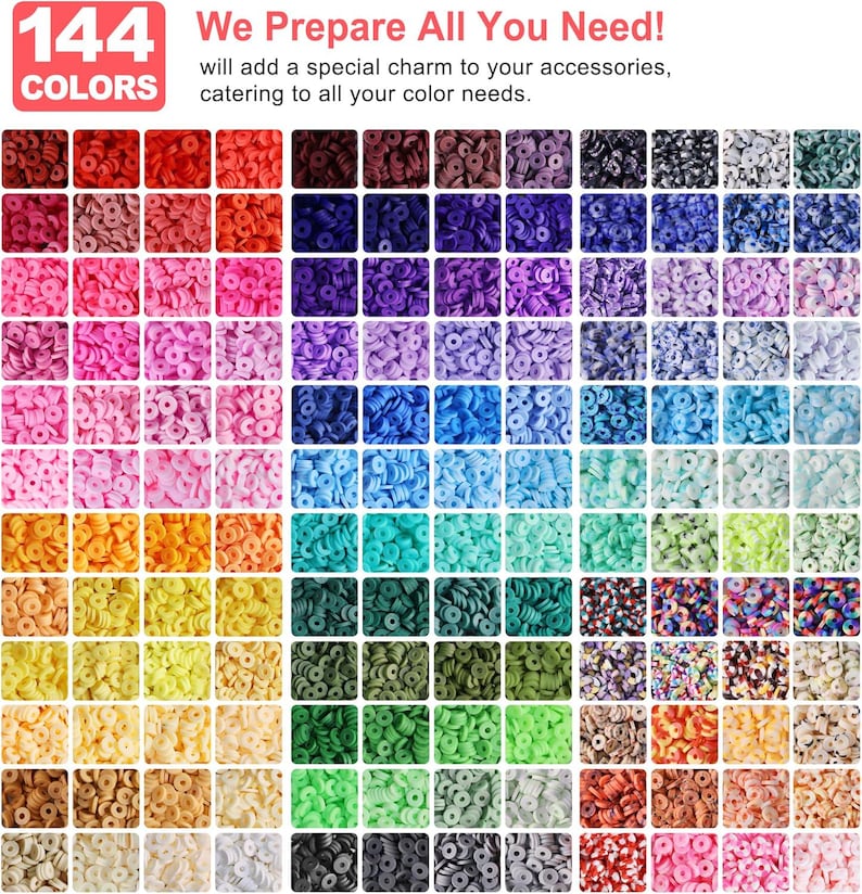 May include: A grid of 144 color options of small, flat, round beads. The colors range from red to black, with shades of pink, purple, blue, green, yellow, and brown. Text at the top reads "144 COLORS We Prepare All You Need!" and "will add a special charm to your accessories, catering to all your color needs."