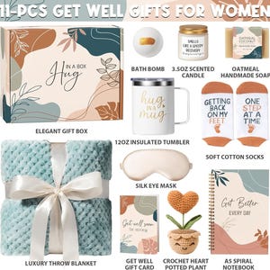 May include: An 11-piece gift set including a patterned gift box, a bath bomb, a 3.5oz scented candle, oatmeal soap, a 12oz insulated tumbler with 'hug in a mug' text, cotton socks, a silk eye mask, a throw blanket, a card, a crochet plant, and a notebook.