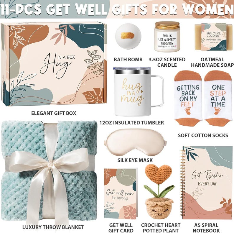 May include: An 11-piece gift set including a patterned gift box, a bath bomb, a 3.5oz scented candle, oatmeal soap, a 12oz insulated tumbler with 'hug in a mug' text, cotton socks, a silk eye mask, a throw blanket, a card, a crochet plant, and a notebook.