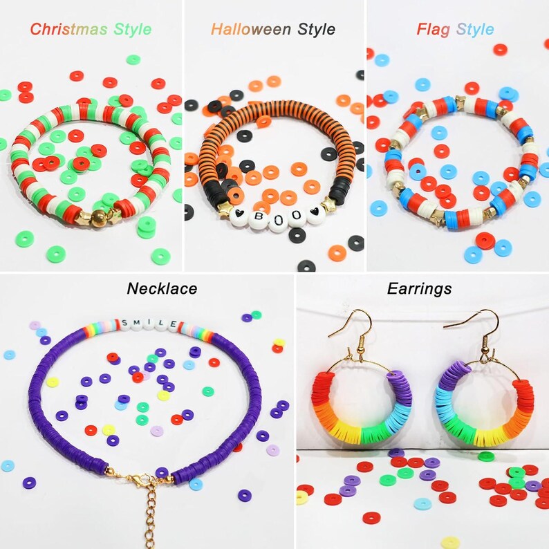 May include: A collection of colorful handmade jewelry, including bracelets, a necklace, and earrings. The bracelets feature Christmas, Halloween, and flag-themed designs. The necklace has the word "SMILE" and the earrings are rainbow-colored.