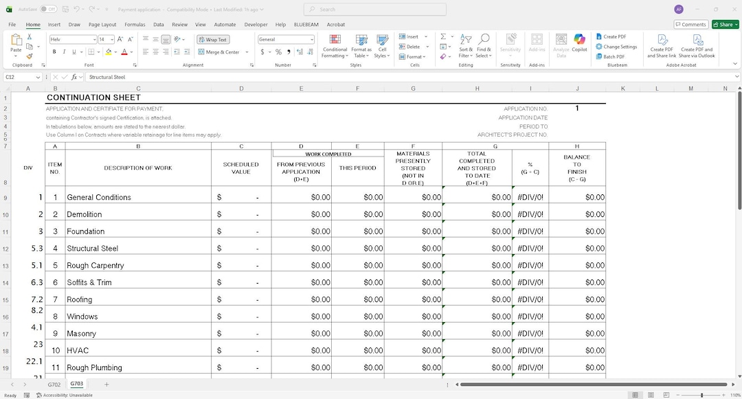 Construction Pay Application (G702 & G703 Style) | Progress Billing ...