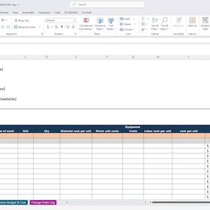 May include: A screenshot of a spreadsheet in Microsoft Excel. The spreadsheet is a construction budget and cost estimate form. The form includes fields for company information, bid date, and line items with descriptions, units, and costs. The top of the spreadsheet has the text "Insert Logo Here".
