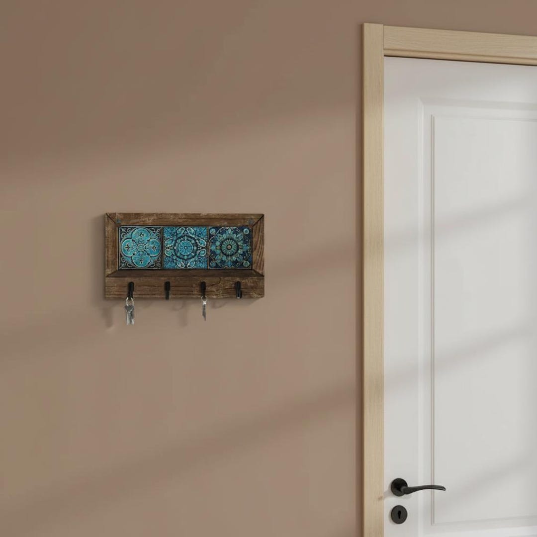 Rustic Wood Key Holder With Blue Tile Art| Wall Mounted Entryway ...