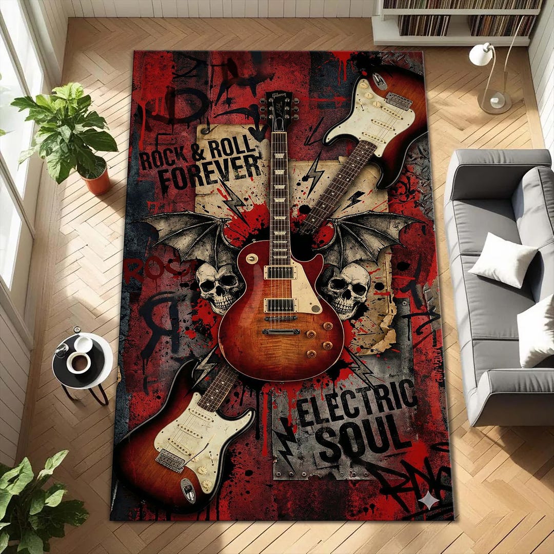 Rock & Roll Forever Electric Guitar Skull Art Rug, Vintage Grunge Music ...