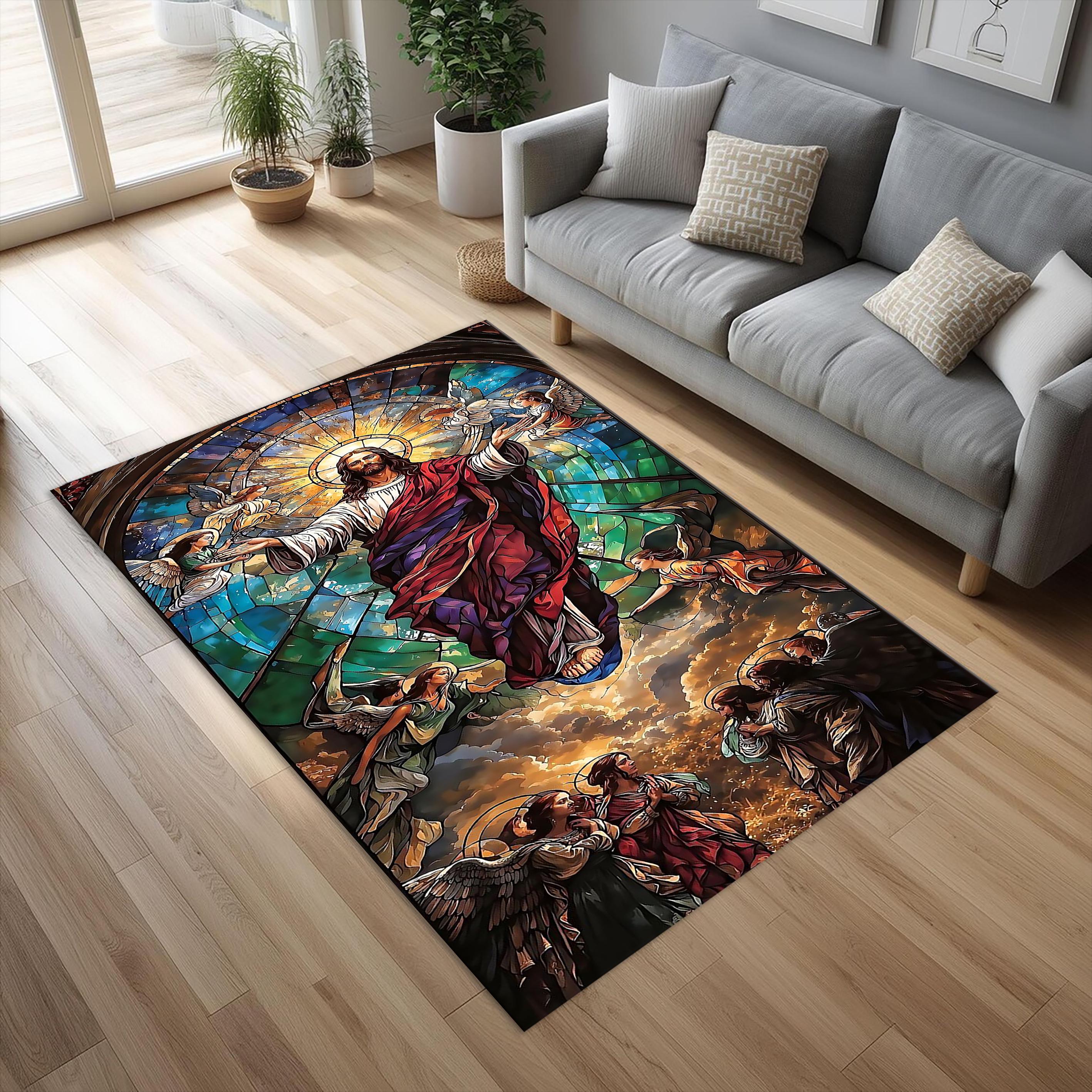 Stained Glass Rug Design Jesus Ascension Stained Glass Rug – Christian Sacred Art Carpet ...