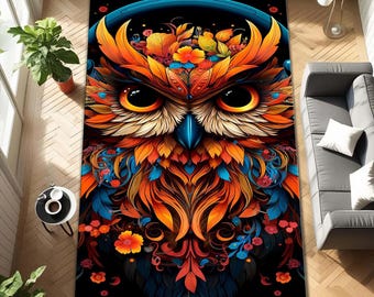 Alfombra con diseño de búho vibrante / Decoración bohemia colorida para el hogar