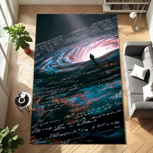 Pode incluir: Um tapete retangular com um design cósmico em tons de azul, vermelho e branco. Uma figura silhueta está perto de uma luz brilhante, com equações e cálculos na superfície. Um item de decoração para casa único.