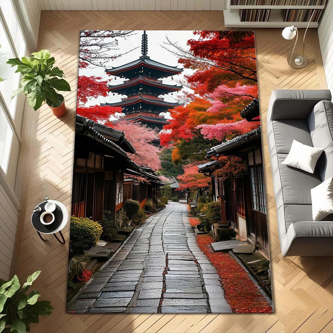 Japanese Pagoda Street Rug, Kyoto Style Landscape Carpet, Zen Garden ...