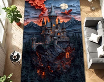 Dragon Mountain Fantasy Castle Rug | Gothic Bedroom Decor